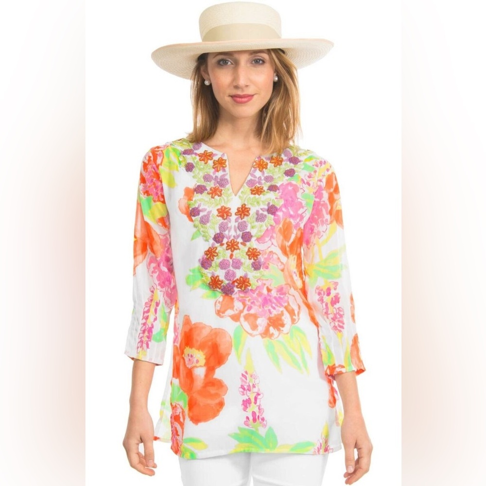 Gretchen Scott. Georgette Hand Embroidered Tunic. Size Medium.